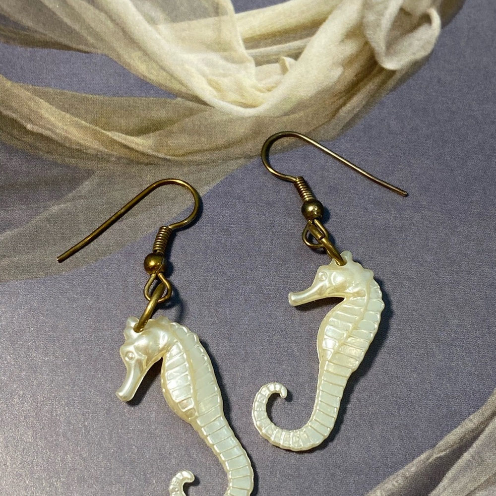 Vintage Seahorse Earrings with Pearl and Brass Accents